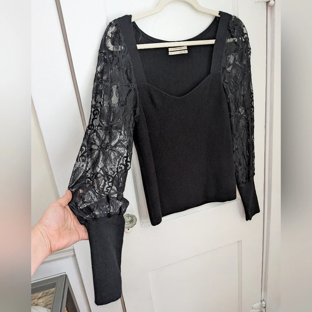 By Anthropologie Black Lace Long Sleeve Sleeve Sweater Top - Size M